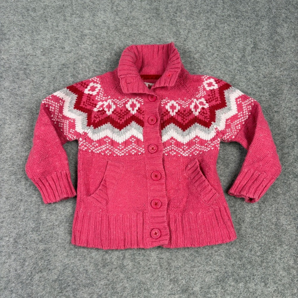 OshKosh Cardigan Sweater Girls Size 5 Pink Fair Isle Nordic Button Front Wool
